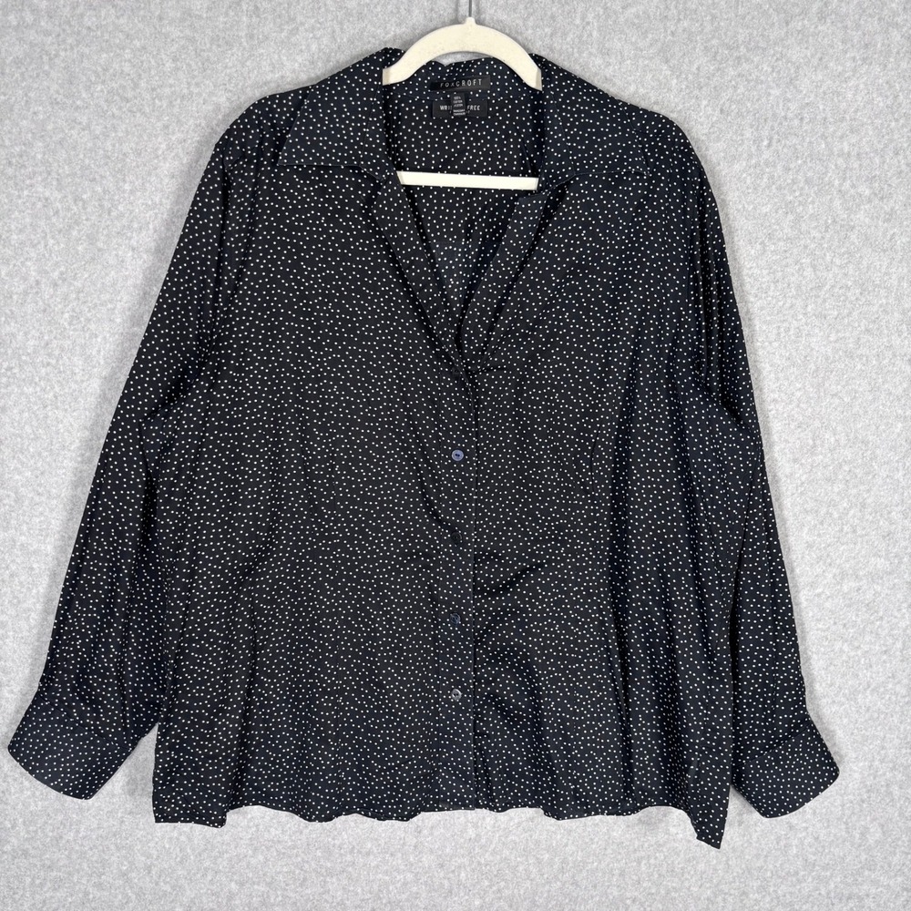 Foxcroft Wrinkle Free Blouse 18W Black Polka Dot Fitted Fit 100% Cotton Shirt